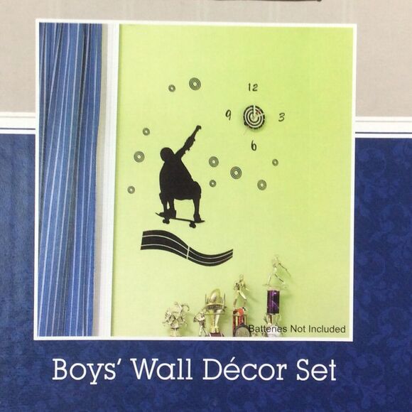 Cobble Creek Boys’ Wall Decor Skateboarder Clock Peal & Stick Sports Black - Picture 4 of 8